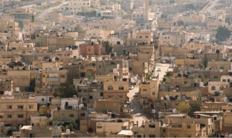 A general view of Zarqa, Jordan. Zarqa is located in the Zarqa River basin in northeast Jordan. The city is situated 15 miles (24 km) northeast of Amman.