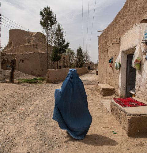 Woman wearing blue hijab in Afghanistan 2021