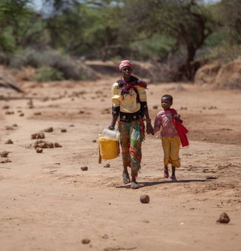 Consolata, with her daughter Elizabeth, 7, carrying jerry cans from the watering hole back to their home in Kenya.