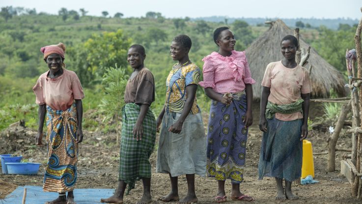 Five women pictured in Imvepi Refugee Settlement in Uganda.